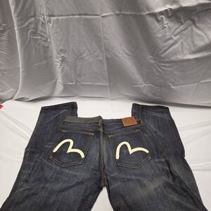 Authentic Y2k Vinrage Evisu Men's Relaxed Jeans - Dark Blue with White Accents